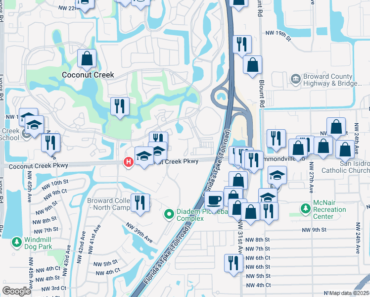 map of restaurants, bars, coffee shops, grocery stores, and more near 3401 Coconut Creek Parkway in Coconut Creek