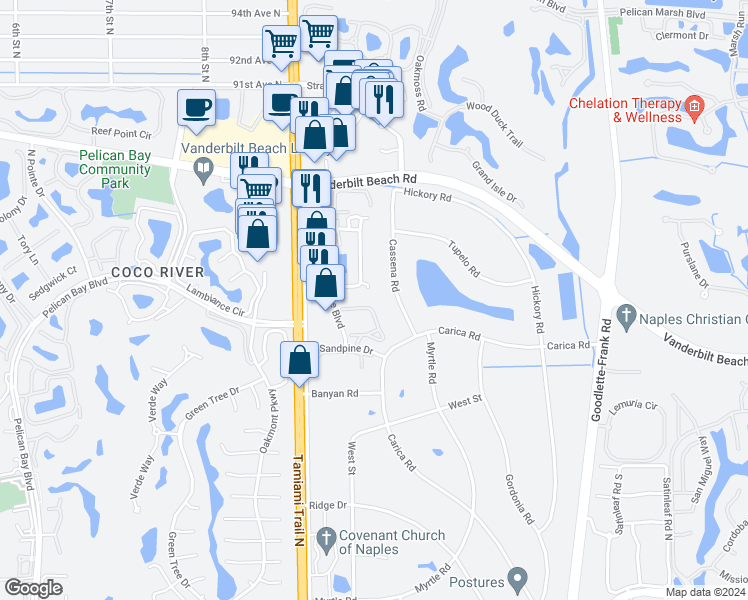 map of restaurants, bars, coffee shops, grocery stores, and more near 66 Emerald Woods Drive in Naples