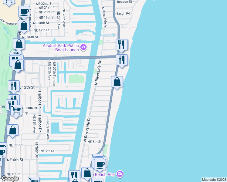 map of restaurants, bars, coffee shops, grocery stores, and more near 812 North Ocean Boulevard in Pompano Beach