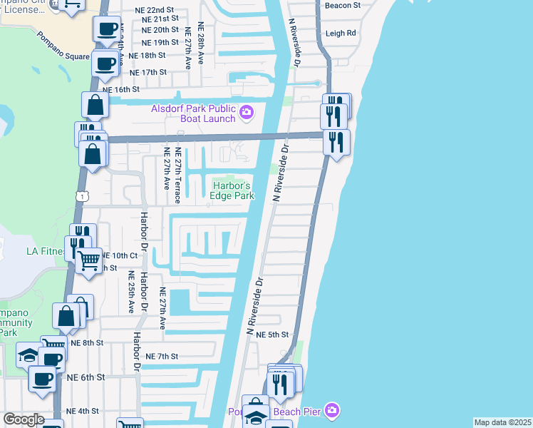 map of restaurants, bars, coffee shops, grocery stores, and more near 1100 Northeast 28th Terrace in Pompano Beach