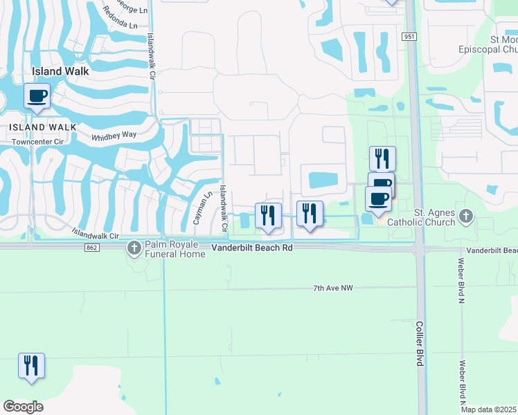 map of restaurants, bars, coffee shops, grocery stores, and more near 7373 Vanderbilt Beach Road in Naples