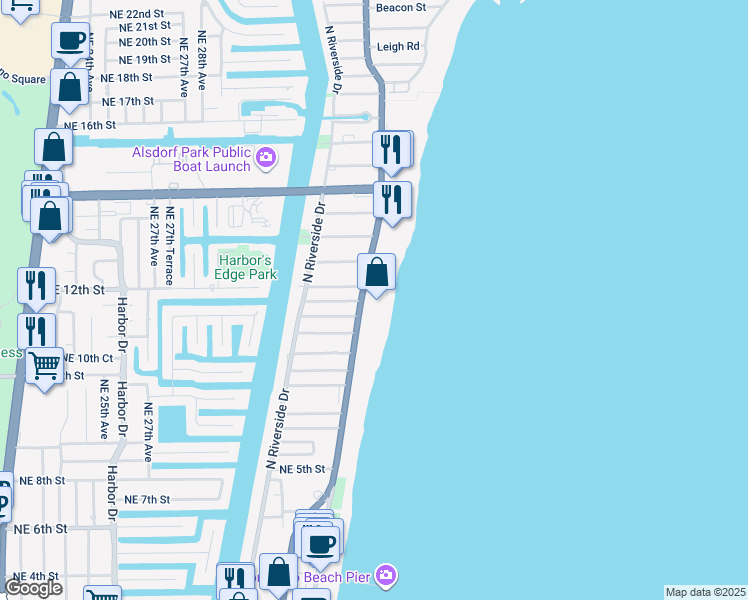 map of restaurants, bars, coffee shops, grocery stores, and more near 812 North Ocean Boulevard in Pompano Beach