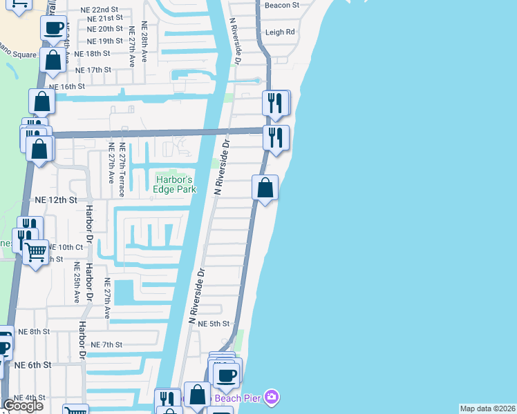 map of restaurants, bars, coffee shops, grocery stores, and more near 812 North Ocean Boulevard in Pompano Beach