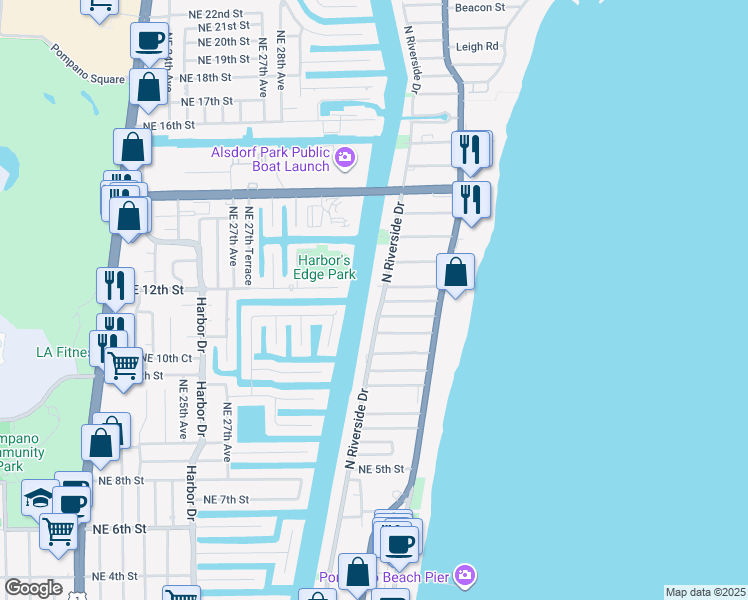 map of restaurants, bars, coffee shops, grocery stores, and more near in Pompano Beach