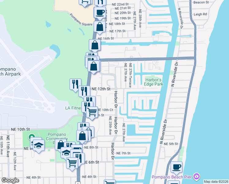 map of restaurants, bars, coffee shops, grocery stores, and more near 1160 Northeast 25th Avenue in Pompano Beach