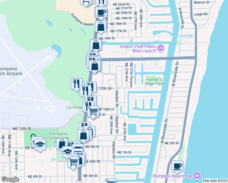 map of restaurants, bars, coffee shops, grocery stores, and more near 1160 Northeast 25th Avenue in Pompano Beach