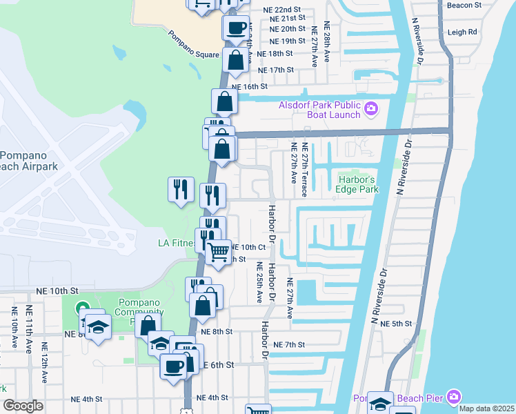 map of restaurants, bars, coffee shops, grocery stores, and more near 1160 Northeast 25th Avenue in Pompano Beach