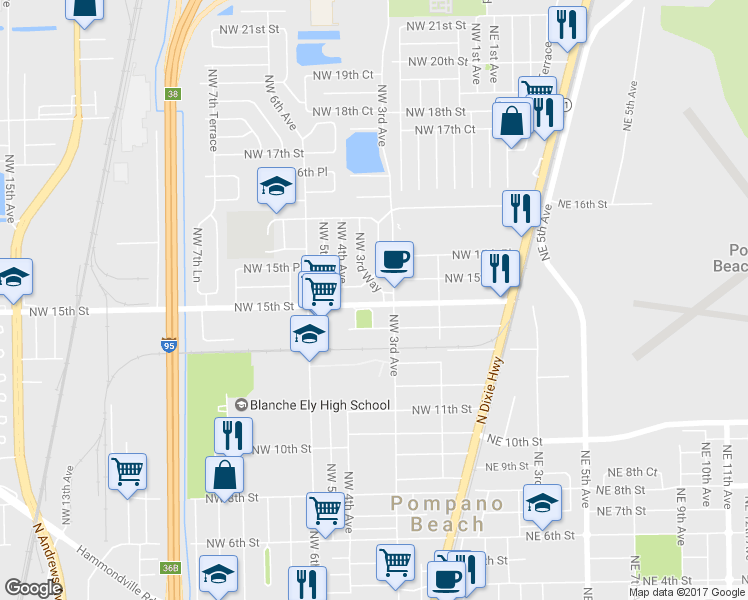 map of restaurants, bars, coffee shops, grocery stores, and more near 1477 Northwest 3rd Way in Pompano Beach