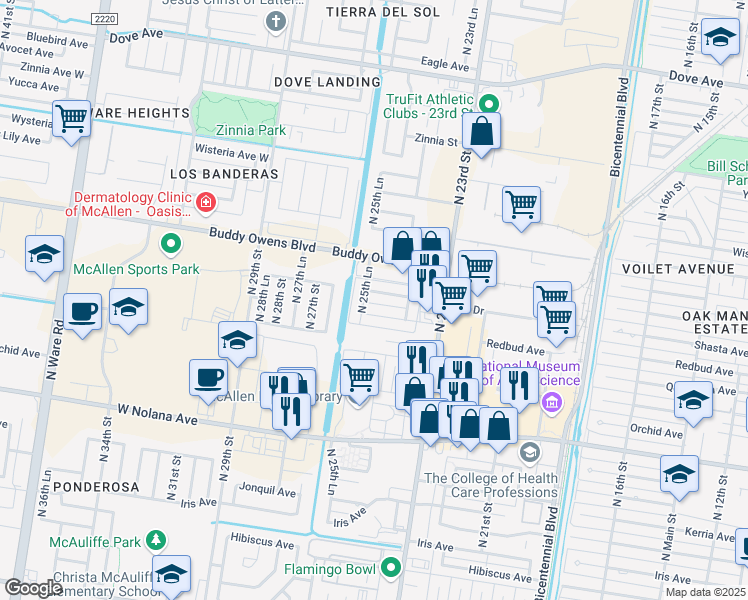 map of restaurants, bars, coffee shops, grocery stores, and more near 2500 Redbud Avenue in McAllen