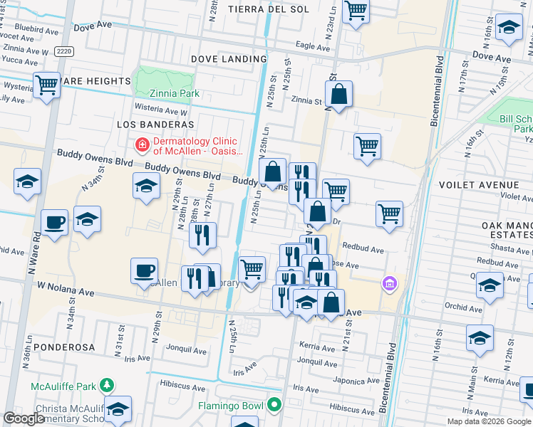map of restaurants, bars, coffee shops, grocery stores, and more near 2500 Redbud Avenue in McAllen