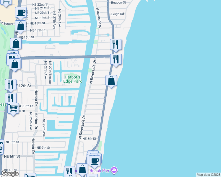 map of restaurants, bars, coffee shops, grocery stores, and more near 812 North Ocean Boulevard in Pompano Beach