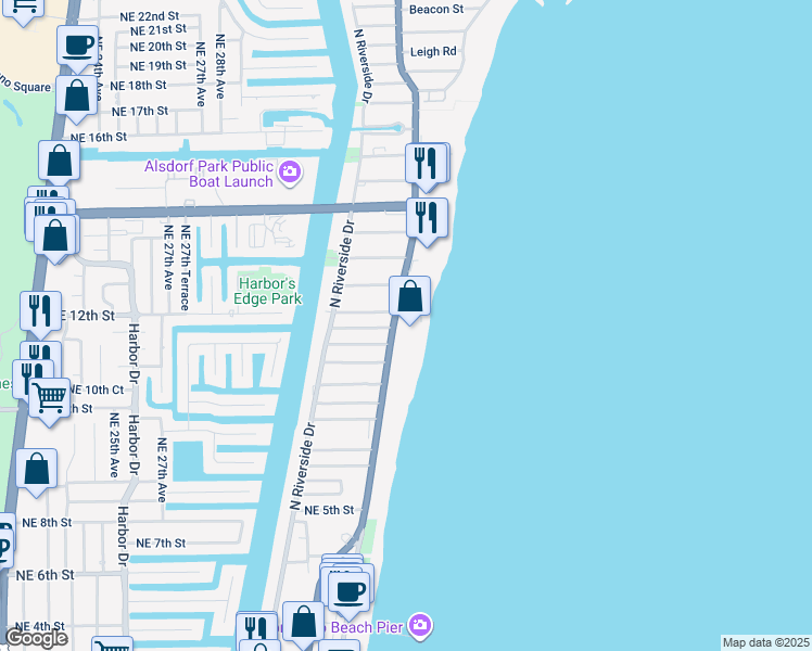 map of restaurants, bars, coffee shops, grocery stores, and more near 812 North Ocean Boulevard in Pompano Beach