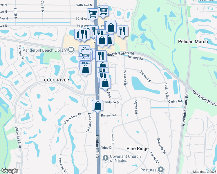map of restaurants, bars, coffee shops, grocery stores, and more near 780 Meadowland Drive in Naples