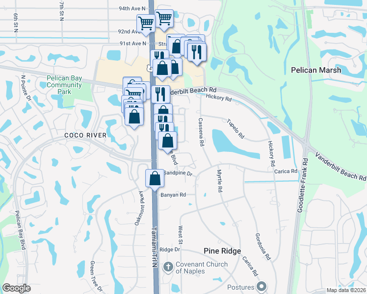 map of restaurants, bars, coffee shops, grocery stores, and more near 66 Emerald Woods Drive in Naples