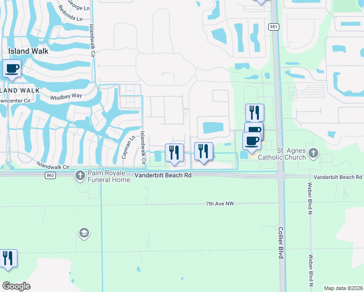 map of restaurants, bars, coffee shops, grocery stores, and more near 7373 Vanderbilt Beach Road in Naples