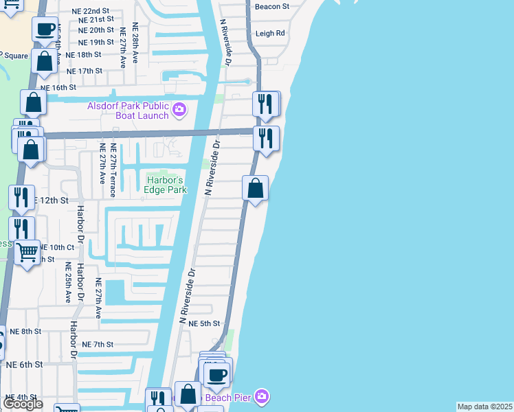 map of restaurants, bars, coffee shops, grocery stores, and more near 812 North Ocean Boulevard in Pompano Beach