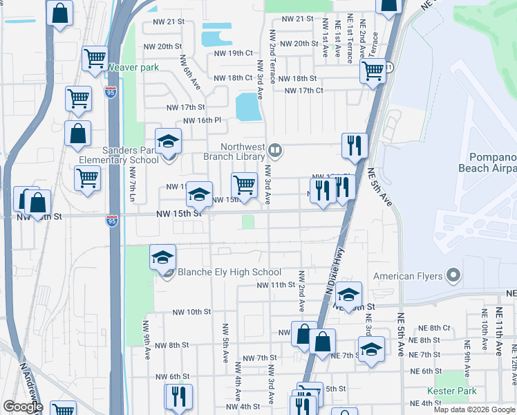 map of restaurants, bars, coffee shops, grocery stores, and more near 1441 Northwest 3rd Avenue in Pompano Beach