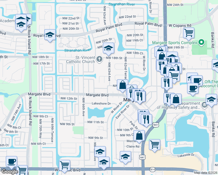 map of restaurants, bars, coffee shops, grocery stores, and more near 6298 Northwest 15th Street in Margate