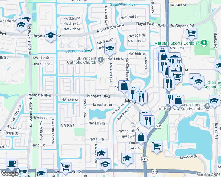 map of restaurants, bars, coffee shops, grocery stores, and more near 6298 Northwest 15th Street in Margate