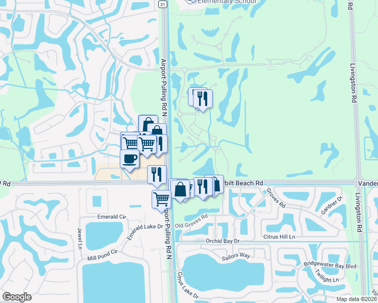 map of restaurants, bars, coffee shops, grocery stores, and more near 2625 Estrella Drive in Naples