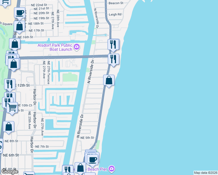 map of restaurants, bars, coffee shops, grocery stores, and more near 812 North Ocean Boulevard in Pompano Beach