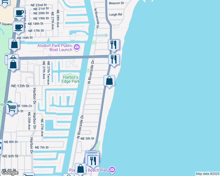 map of restaurants, bars, coffee shops, grocery stores, and more near 812 North Ocean Boulevard in Pompano Beach