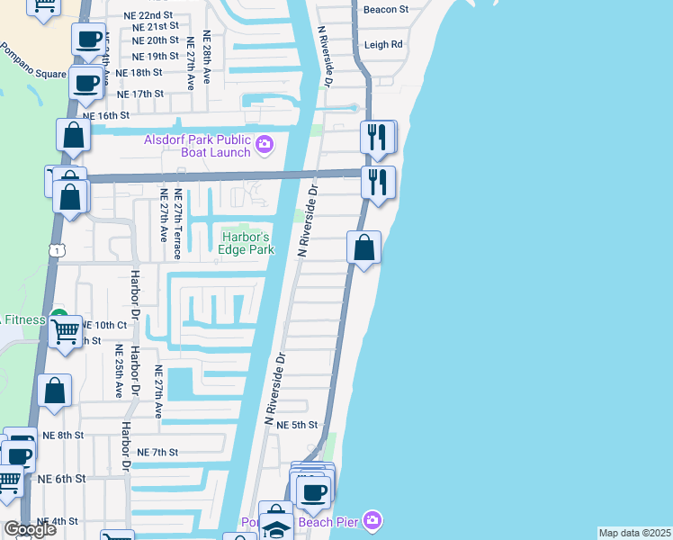 map of restaurants, bars, coffee shops, grocery stores, and more near 12 Northeast 8th Court in Pompano Beach