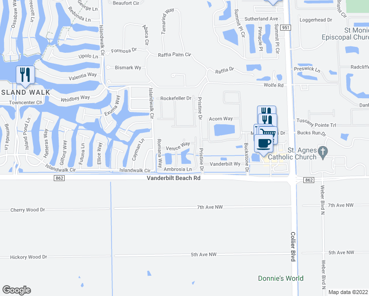 map of restaurants, bars, coffee shops, grocery stores, and more near 7373 Vanderbilt Beach Road in Naples