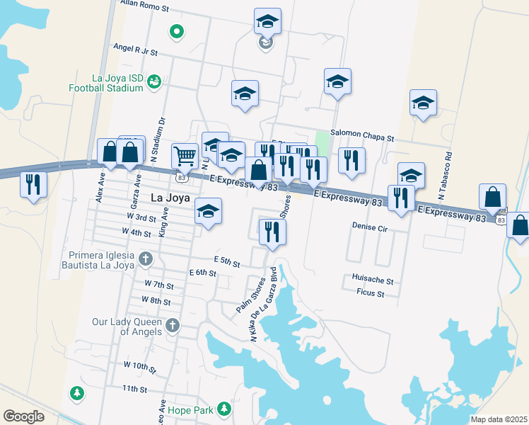 map of restaurants, bars, coffee shops, grocery stores, and more near 424 Palm Shores in La Joya