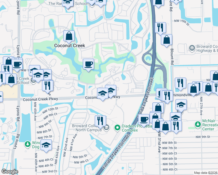 map of restaurants, bars, coffee shops, grocery stores, and more near 1207 Bahama Bend in Coconut Creek