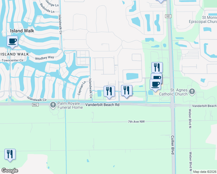 map of restaurants, bars, coffee shops, grocery stores, and more near 7069 Venice Way in Naples