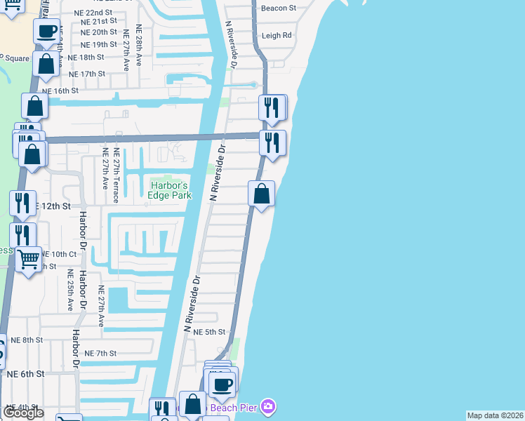 map of restaurants, bars, coffee shops, grocery stores, and more near 812 North Ocean Boulevard in Pompano Beach