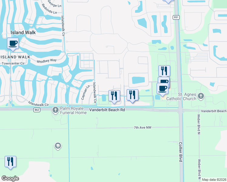 map of restaurants, bars, coffee shops, grocery stores, and more near 7074 Venice Way in Naples