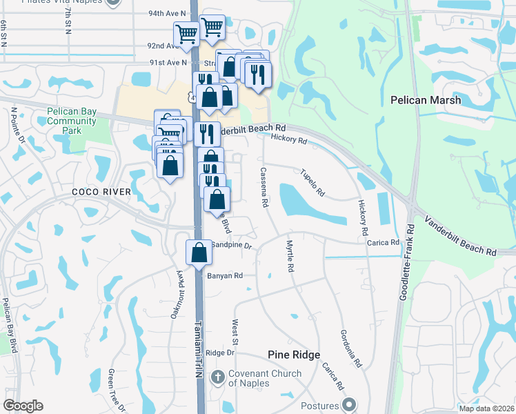 map of restaurants, bars, coffee shops, grocery stores, and more near 66 Emerald Woods Drive in Naples