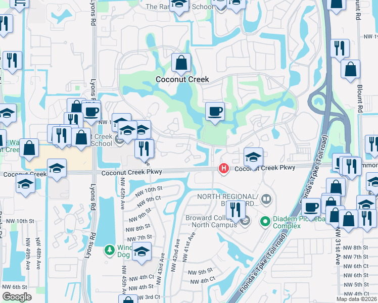 map of restaurants, bars, coffee shops, grocery stores, and more near 2706 Nassau Bend in Coconut Creek