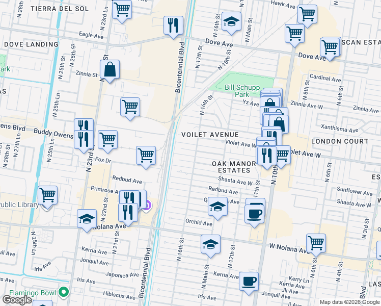 map of restaurants, bars, coffee shops, grocery stores, and more near 1700 West Ulex Avenue in McAllen