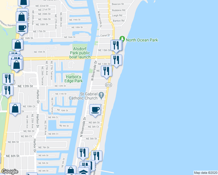map of restaurants, bars, coffee shops, grocery stores, and more near 1012 North Ocean Boulevard in Pompano Beach