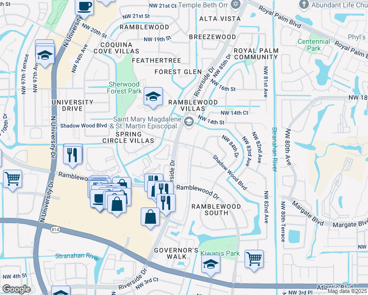 map of restaurants, bars, coffee shops, grocery stores, and more near in Coral Springs