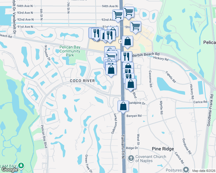 map of restaurants, bars, coffee shops, grocery stores, and more near 8585 Pelican Bay Boulevard in Naples