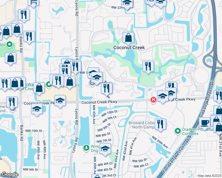 map of restaurants, bars, coffee shops, grocery stores, and more near 2614 Nassau Bend in Coconut Creek