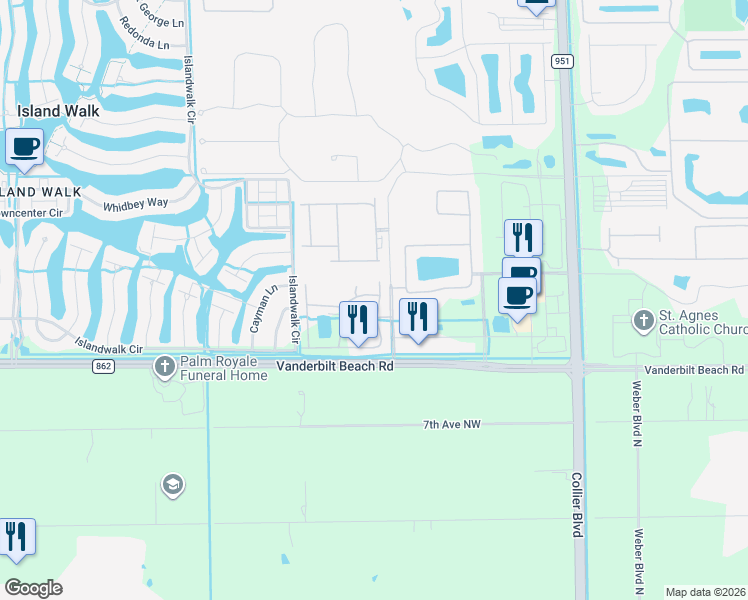 map of restaurants, bars, coffee shops, grocery stores, and more near 7047 Ambrosia Lane in Naples