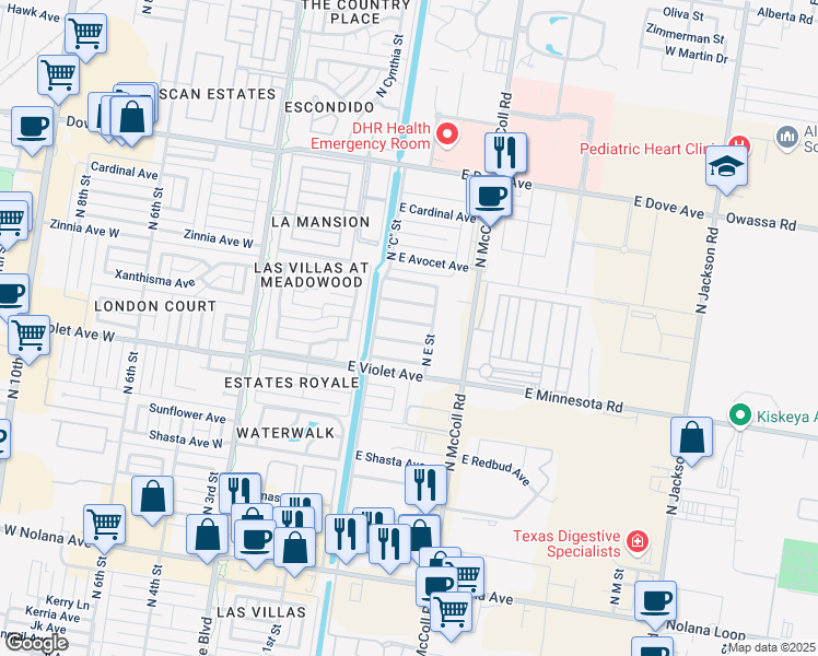 map of restaurants, bars, coffee shops, grocery stores, and more near 412 East Yarrow Avenue in McAllen