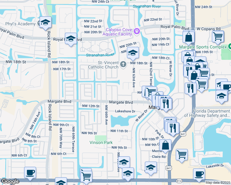 map of restaurants, bars, coffee shops, grocery stores, and more near 1483 Northwest 65th Avenue in Margate