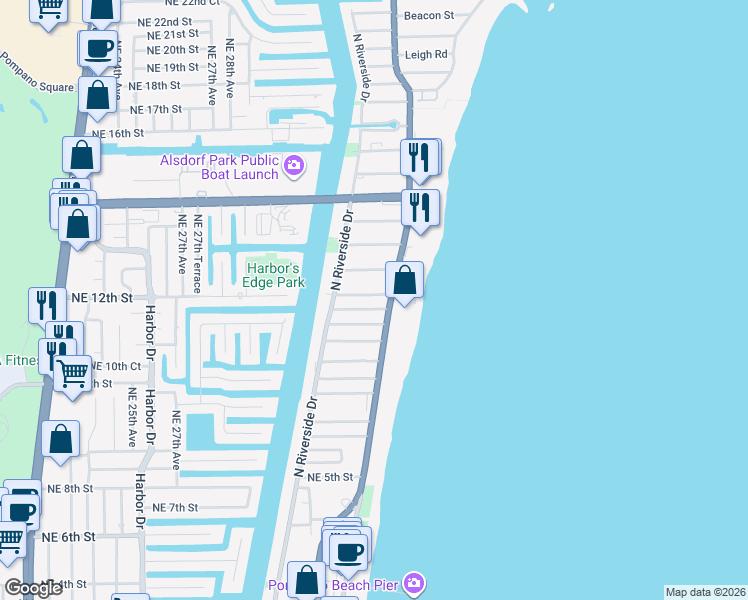map of restaurants, bars, coffee shops, grocery stores, and more near 3249 Northeast 10th Street in Pompano Beach