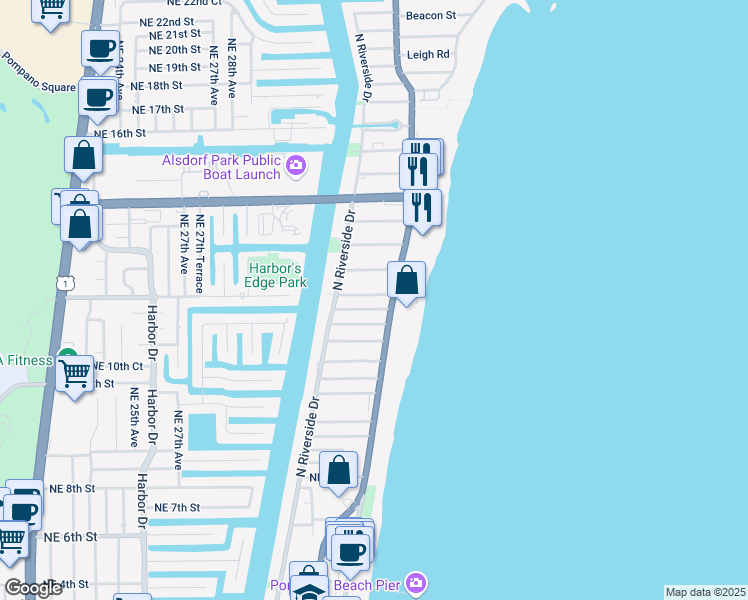 map of restaurants, bars, coffee shops, grocery stores, and more near 3249 Northeast 10th Street in Pompano Beach
