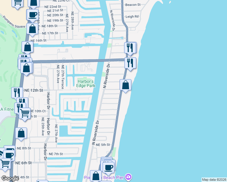 map of restaurants, bars, coffee shops, grocery stores, and more near 3249 Northeast 10th Street in Pompano Beach