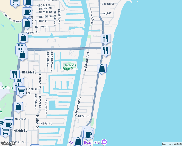 map of restaurants, bars, coffee shops, grocery stores, and more near 3249 Northeast 10th Street in Pompano Beach
