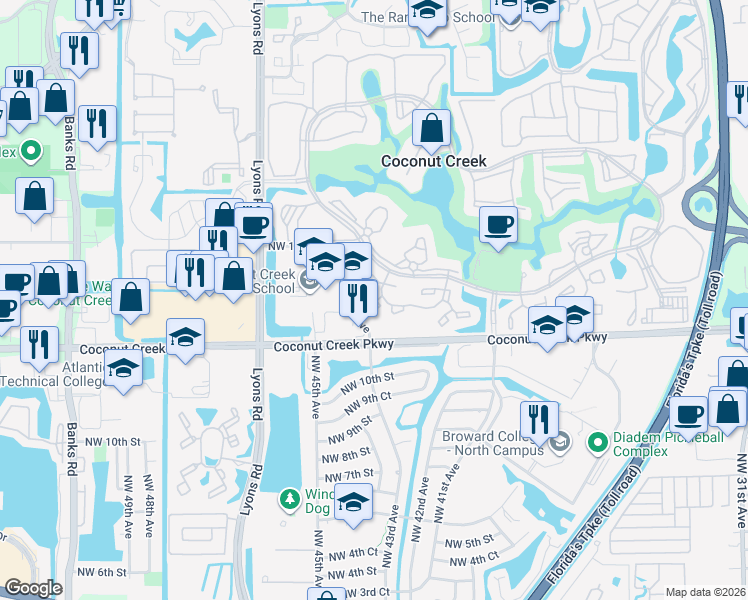map of restaurants, bars, coffee shops, grocery stores, and more near 2614 Nassau Bend in Coconut Creek