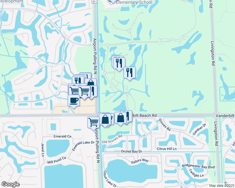 map of restaurants, bars, coffee shops, grocery stores, and more near 2614 Tiburon Drive in Naples