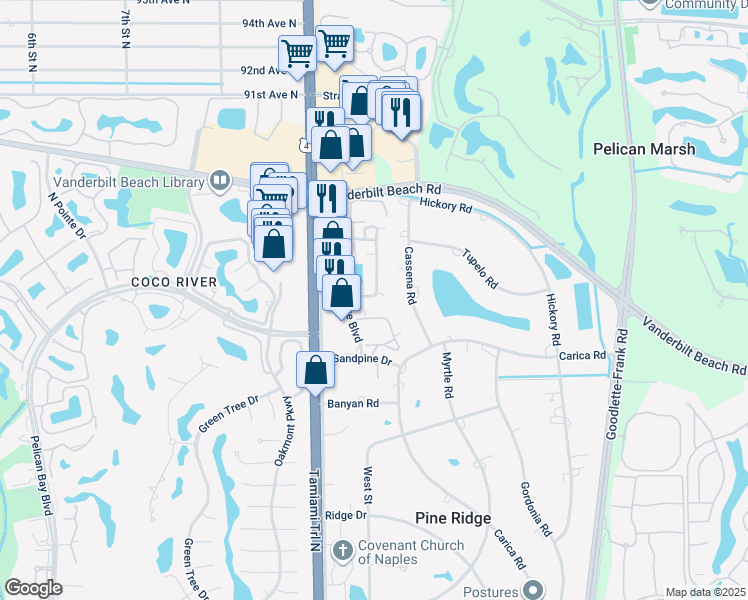 map of restaurants, bars, coffee shops, grocery stores, and more near 800m Meadowland Drive in Naples